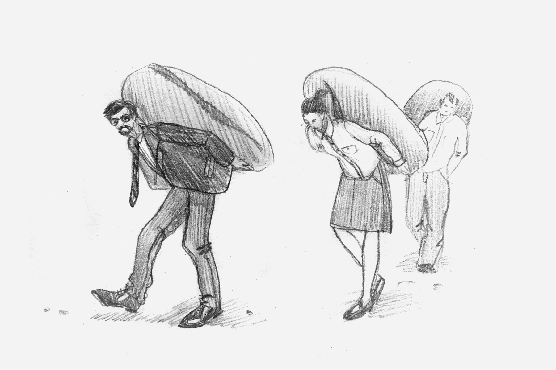Skizze von 2 Männern und einer Frau die eine schwere Last auf den Schultern und am Rücken tragen